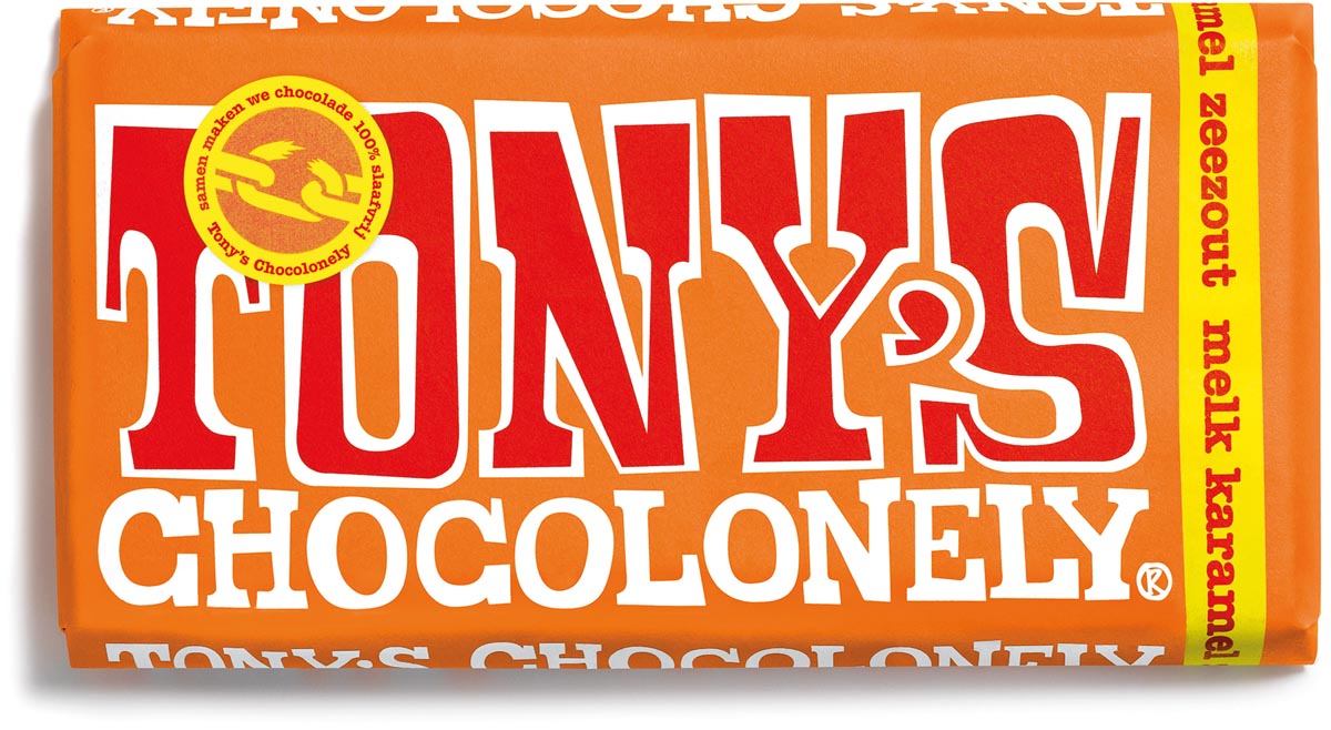 Tony's Chocolonely chocoladereep, 180g, karamel zeezout