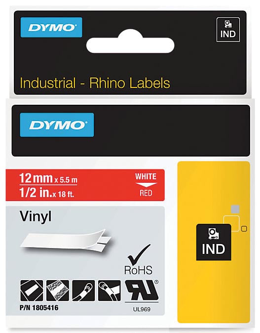 Dymo RHINO vinyltape 12 mm, wit op rood