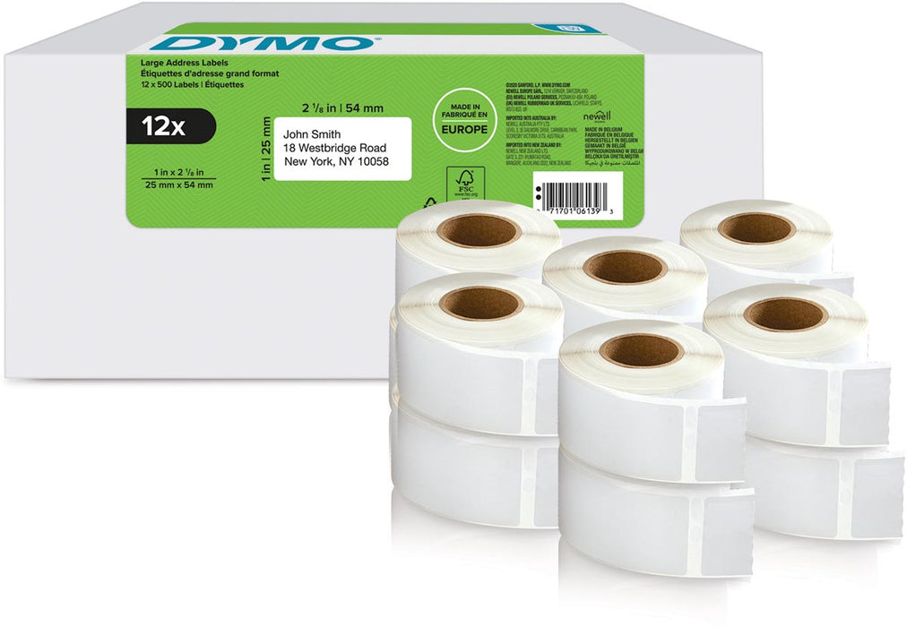 Dymo etiketten LabelWriter 25 x 54 mm, wit, 12 x 500 etiketten per doos