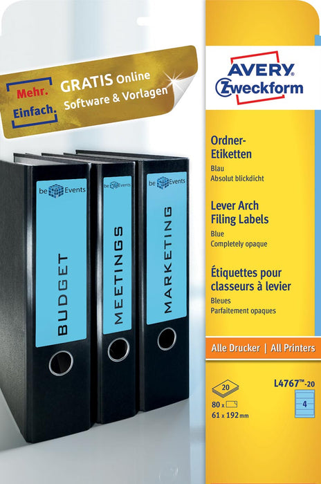 Avery Zweckform L4767-20 ordnerrugetiketten ft 19,2 x 6,1 cm (b x h), 80 etiketten, blauw 30 stuks, OfficeTown