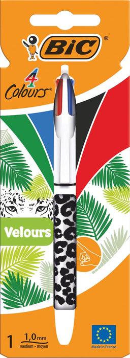 Bic 4 Colours Velours, balpen, 0,32 mm, 4 klassieke inktkleuren, verschillende motieven, op blister