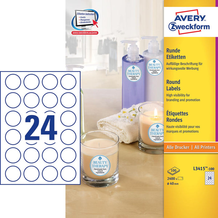Avery Zweckform L3415-100 ronde etiketten, diameter 40 mm, 2400 etiketten, wit 5 stuks, OfficeTown