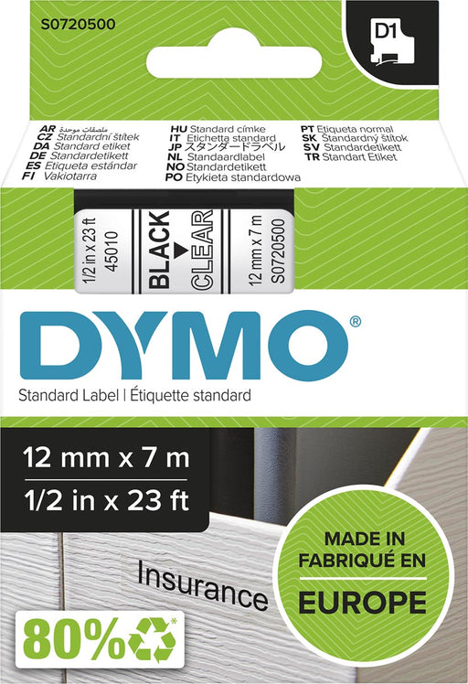 Dymo D1 tape 12 mm, zwart op transparant 5 stuks, OfficeTown