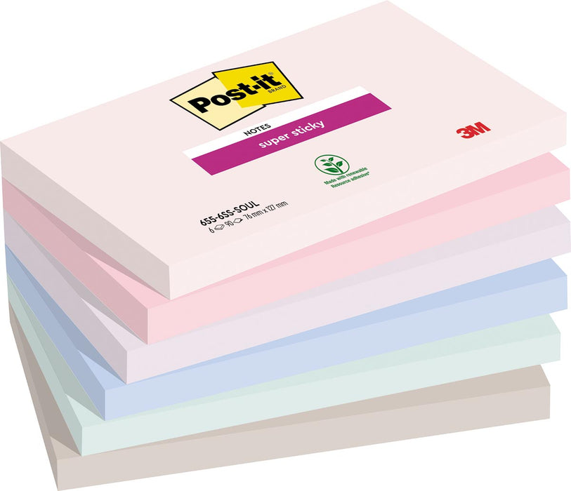 Post-it Super Sticky Memo Notes Soulful, 90 vel, formaat 76 x 127 mm, assortiment kleuren, pak van 6 blokken