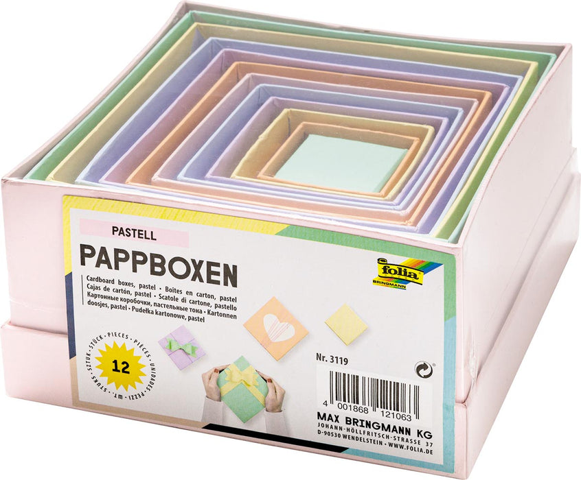Doosjes voor decoratie, vierkant, van karton, set van 12 stuks in verschillende maten en pastelkleuren