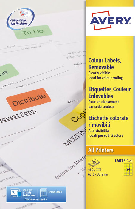 Avery verwijderbare gekleurde etiketten ft 63,5 x 33,9 mm (b x h), 480 stuks, 24 per vel, geel