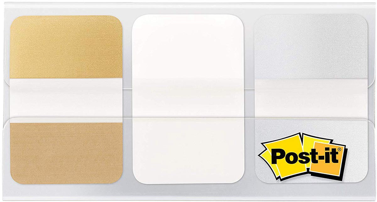 Post-it Index Sterk Metaalachtig, ft 25,4 x 38 mm, set van 3 kleuren (goud, wit en zilver)