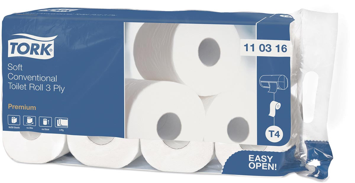 Tork Premium toiletpapier extra zacht, 3-laags, 250 vellen, T4-systeem, wit, 8 rollen