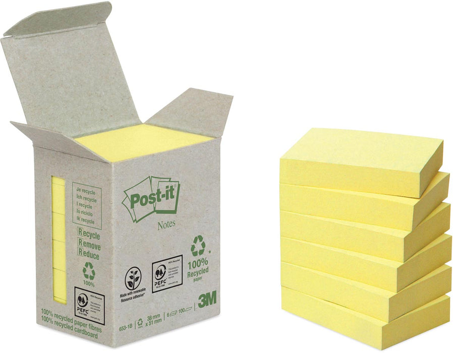 Post-it gerecyclede notities, 100 vel, afm. 38 x 51 mm, geel, verpakking van 6 blokken