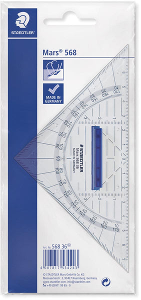 Staedtler geodriehoek 16 cm, transparant met inktnoppen en afneembaar handvat