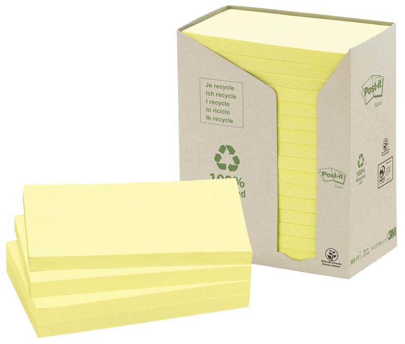 Eco-vriendelijke Post-it Notes, 100 vellen, afmetingen 76 x 127 mm, geel, 16 blokken