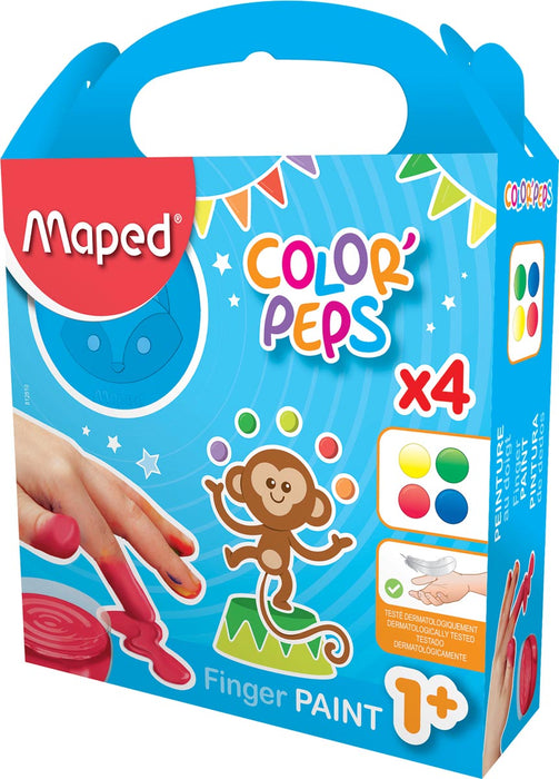 Maped vingerverf Color'Peps Early Age, doos van 4 potjes van 80 ml in geassorteerde kleuren