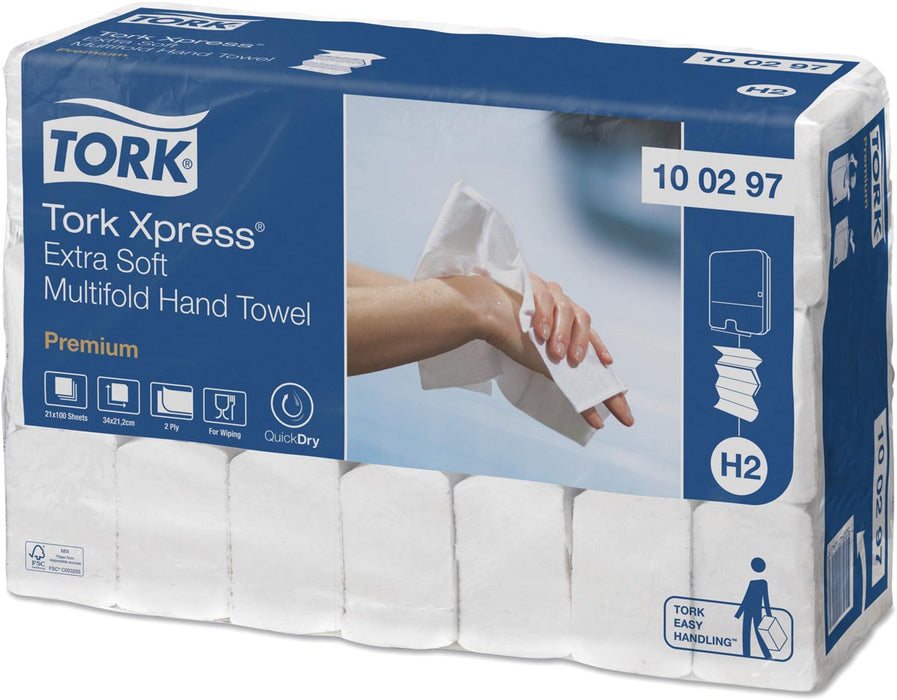 Tork Premium Xpress® extra zachte handdoek XL, multifold, 2-laags, systeem H2, wit - 21 stuks met Leaf-bedrukking