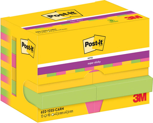 Post-It Super Sticky Notes Carnival, 90 vel, ft 47,6 x 47,6 mm, pak van 12 blokken 24 stuks, OfficeTown