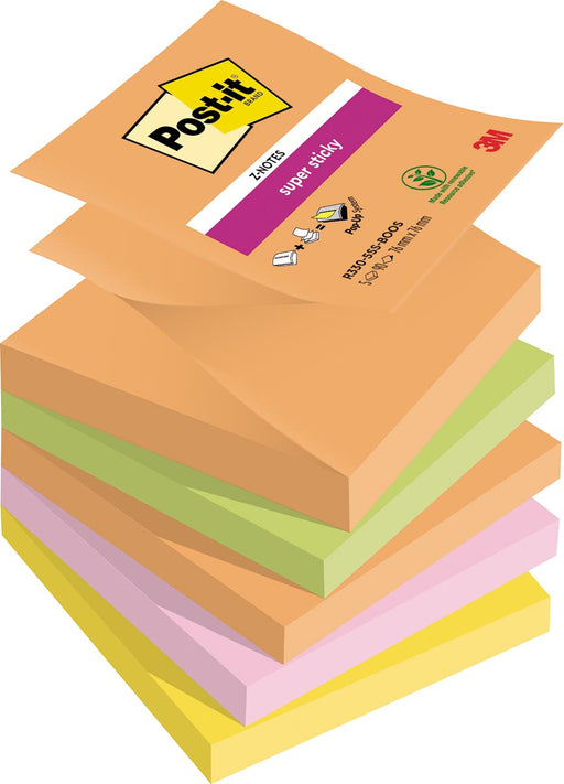 Post-it Super Sticky Z-notes Boost, 90 vel, ft 76 x 76 mm, geassorteerde kleuren, pak van 5 blokken 12 stuks, OfficeTown