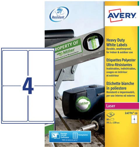 Avery L4774-20 ultrasterke etiketten ft 99,1 x 139 mm (b x h), 80 etiketten, wit