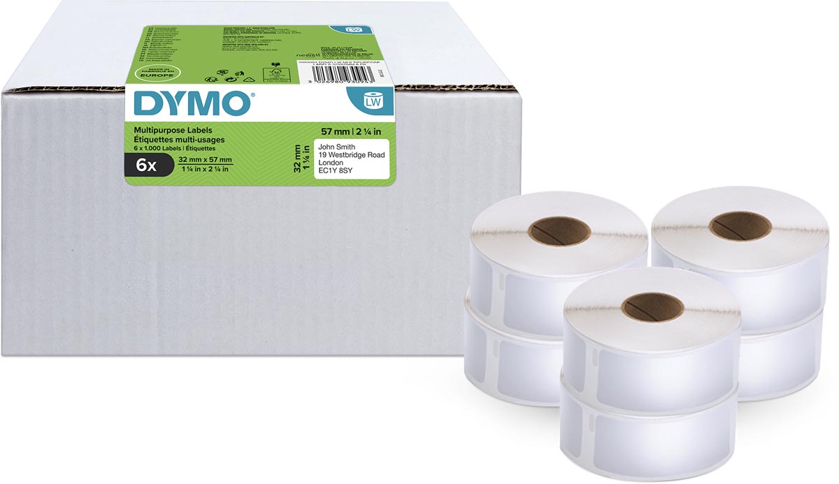 Dymo Waardepack: etiketten LabelWriter ft 57 x 32 mm, verwijderbaar, wit, doos van 12 x 1000 etiketten