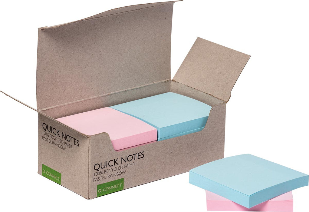 Q-CONNECT Quick Notes Gerecycled Pastel, afm 76 x 76 mm, 100 vel, doos van 12 stuks in verschillende kleuren