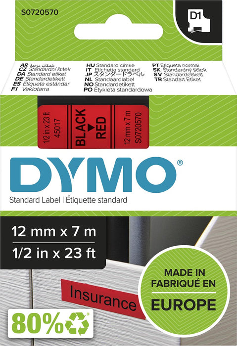 Dymo D1 tape 12 mm, zwart op rood