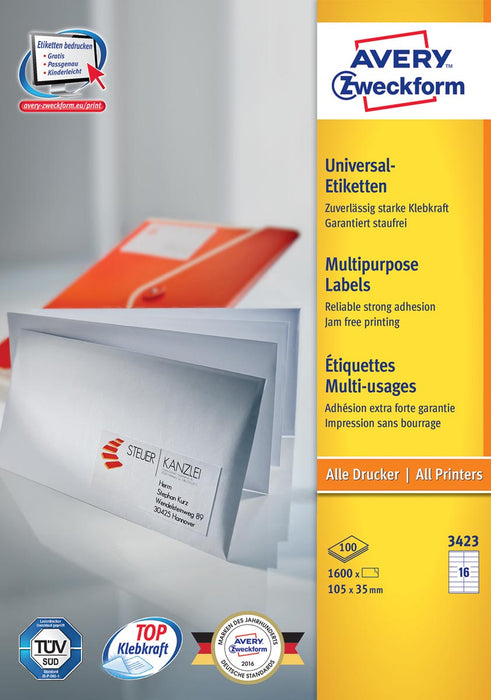 Avery Zweckform 3423, Universele Etiketten, Ultragrip, Wit, 100 vel, 16 per vel, 105 x 35 mm