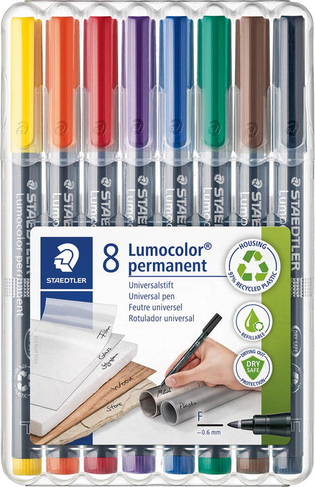 Staedtler Lumocoler 318, OHP-marker, permanent, 0,6 mm, etui van 8 stuks in geassorteerde kleuren
