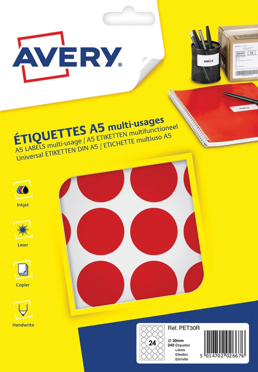Avery PET30R ronde markeringsetiketten, diameter 30 mm, blister van 240 stuks, rood 5 stuks, OfficeTown