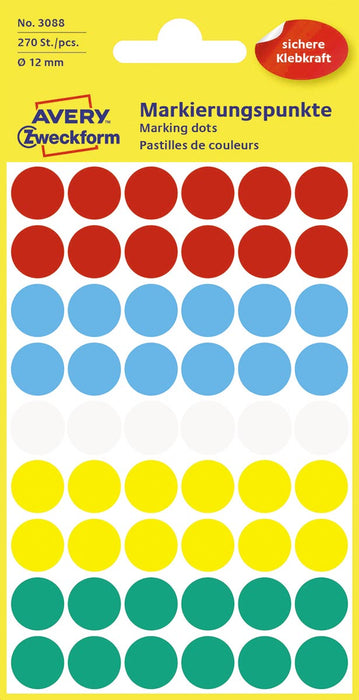 Avery Ronde etiketten, 12 mm diameter, in diverse kleuren, 270 stuks