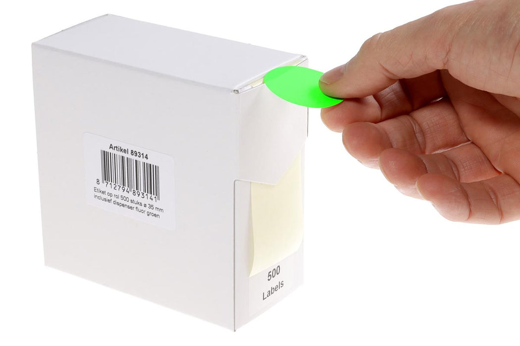 Rillprint ronde etiketten, rol van 500 stuks, diameter 35 mm, in fluorescerend groen met handige dispenser