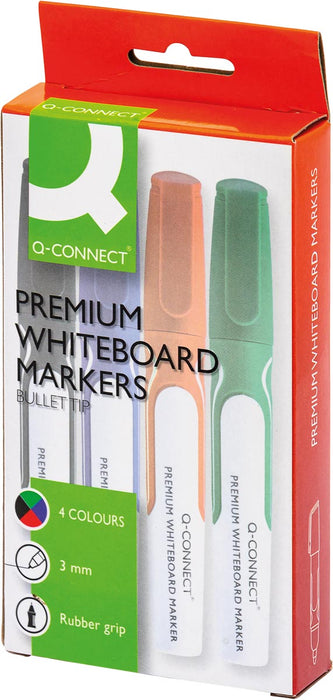 Q-CONNECT Premium whiteboard marker, ronde punt, doos van 4 stuks in verschillende kleuren