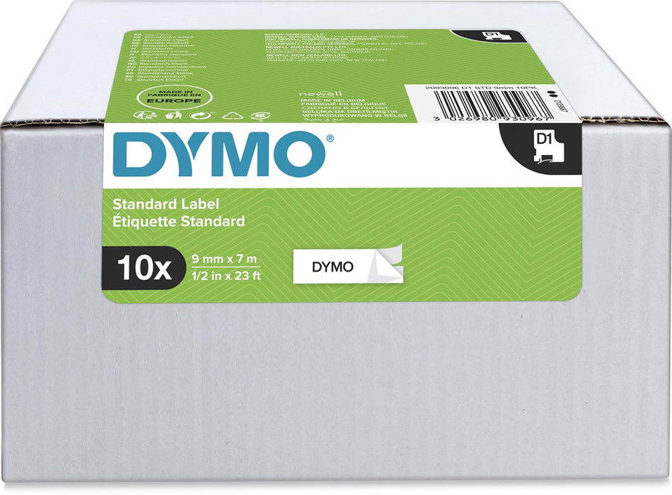 Dymo D1-tape 9 mm, zwart op wit, verpakking van 10 stuks