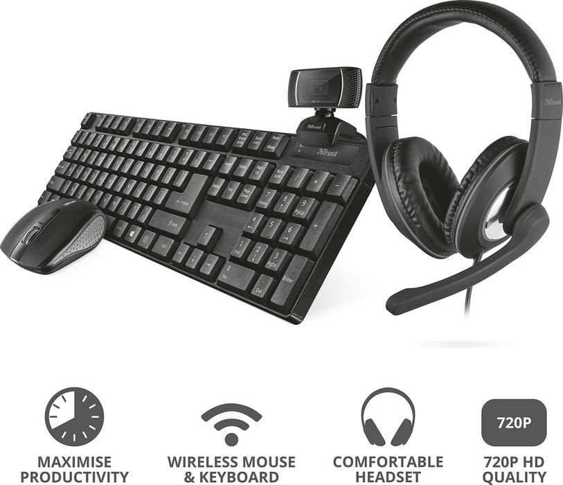 Trust Qoby 4-in-1 Thuis kantoorset met Webcam, headset, toetsenbord (azerty) en muis