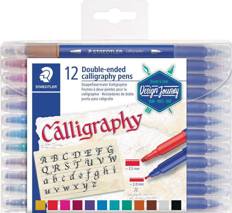 Staedtler kalligrafiepennen Calligraph duo, doos van 12 stuks in diverse kleuren met beitelpunt