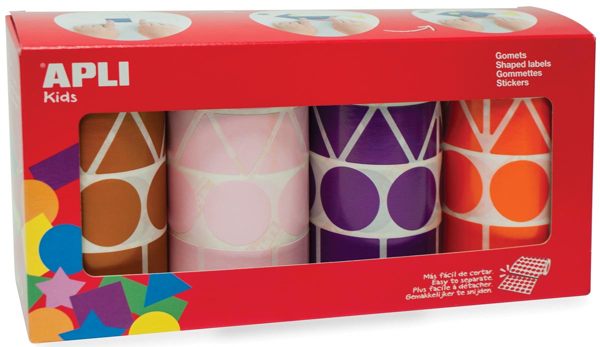 Apli Kids XL-stickers, 4 rollen in 4 kleuren en 4 vormen (bruin, roze, paars en oranje)