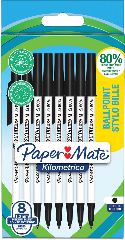 Paper Mate balpen Kilometrico, medium, blister van 8 stuks, zwart 12 stuks, OfficeTown