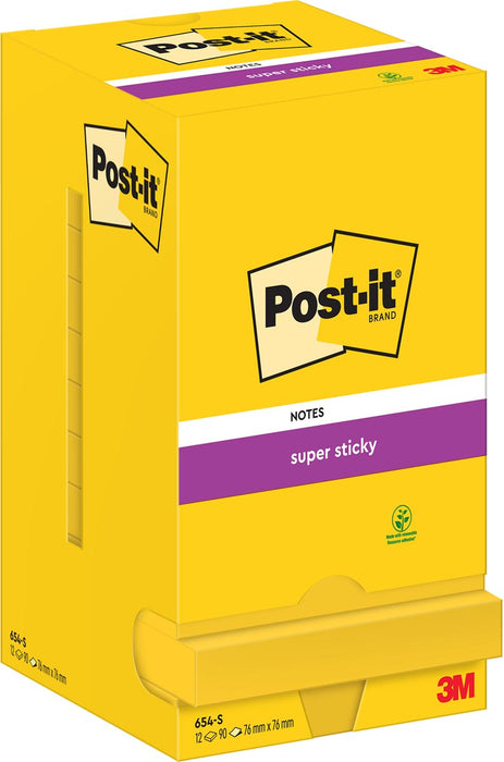Post-it Super Sticky notities, 90 vellen, afm 76 x 76 mm, doos van 12 blokken, neon-geel