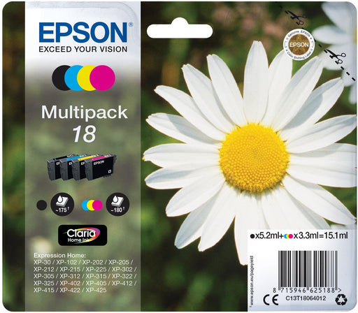 Epson inktcartridge 18, 175 pagina's, OEM C13T18064012, 4 kleuren 8 stuks, OfficeTown
