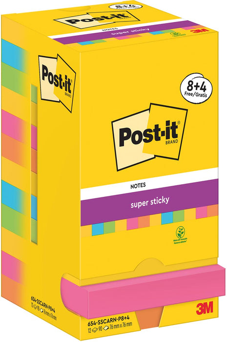 Post-It Super Sticky Notes Carnival, 90 vellen, afmeting 76 x 76 mm, 8 + 4 GRATIS
