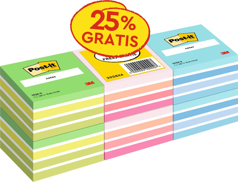 Post-it Notes kubus, 450 vel, ft 76 x 76 mm, promopak van 6 kubussen in verschillende kleuren
