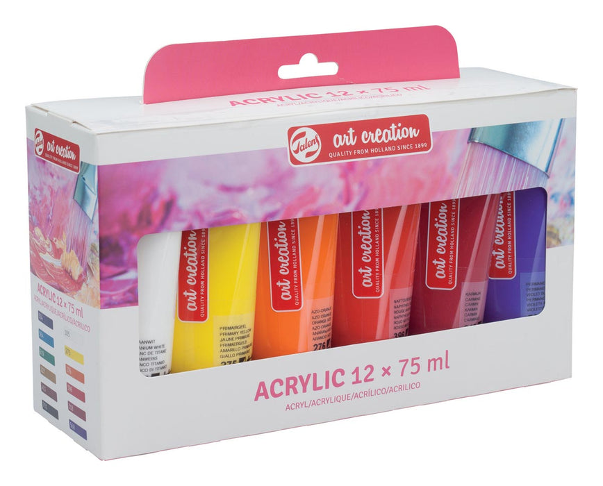 Talens Art Creation acrylverf 75 ml tube, set van 12 tubes in diverse kleuren met sneldrogende en watervaste eigenschappen