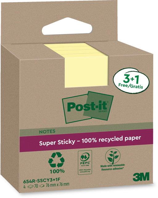 Post-it Super Sticky Notes Recycled, 70 vel, ft 76 x 76 mm, geel, 3 + 1 GRATIS 8 stuks, OfficeTown