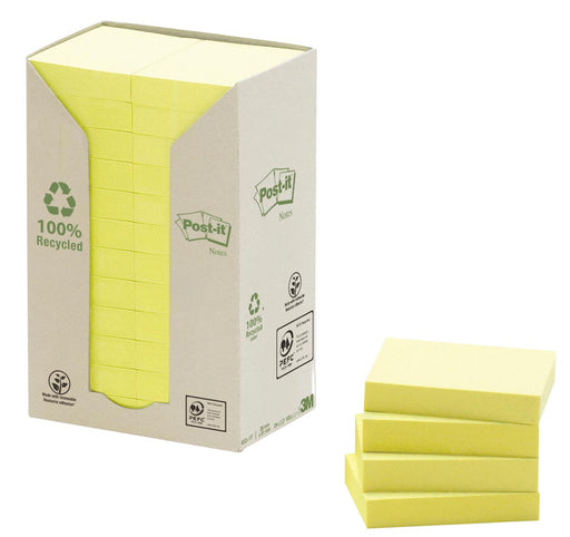 Post-it Recycled notes, 100 vel, ft 38 x 51 mm, geel, pak van 24 blokken 12 stuks, OfficeTown