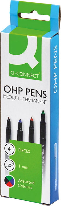 Q-CONNECT OHP-marker, permanent, medium, set van 4 stuks met diverse kleuren hoeveelheid