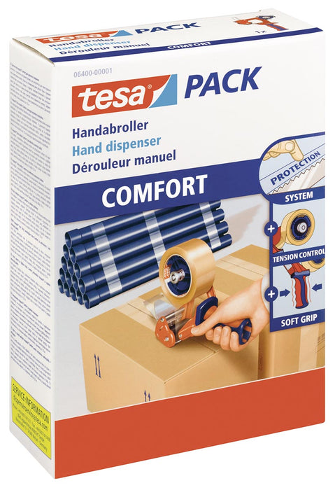 Tesa Pack 6400 verpakkingshanddispenser 'Comfort' - Handig voor het snel dichtplakken van dozen en verpakkingen met een metalen frame voor stevigheid en een intrekbaar mes voor extra veiligheid