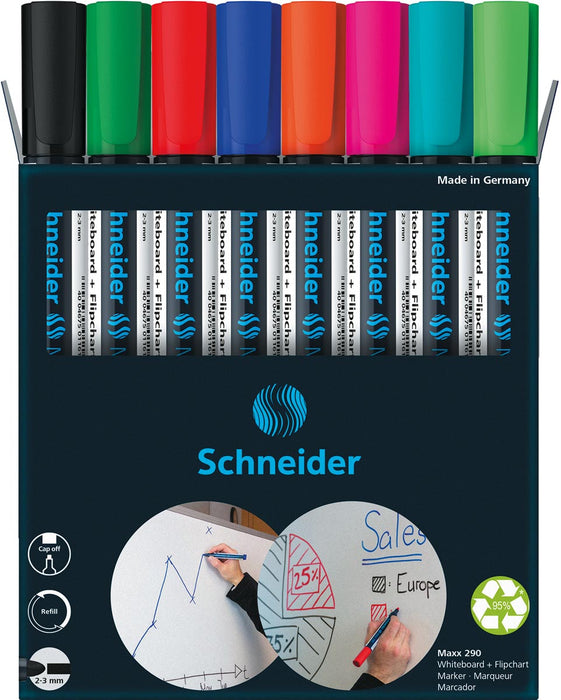 Schneider Maxx 290 whiteboardmarkers, 6 + 2 gratis, assorti met ronde punt
