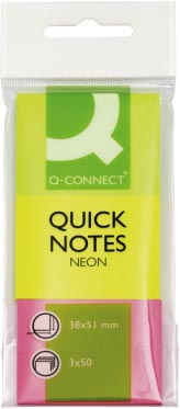 Q-CONNECT Snelle Notities, ft 38 x 51 mm, 50 vellen, hoes van 3 blokken in neonkleuren