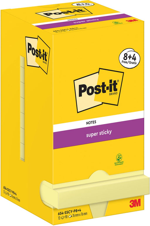 Post-It Super Sticky Notes, 90 vel, ft 76 x 76 mm, geel, 8 + 4 GRATIS 12 stuks, OfficeTown