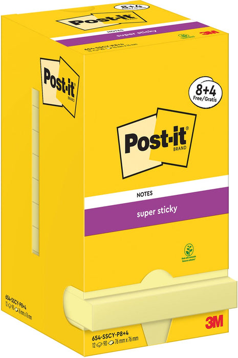 Post-It Super Plakkerige Notities, 90 vellen, afmetingen 76 x 76 mm, geel, 8 + 4 GRATIS