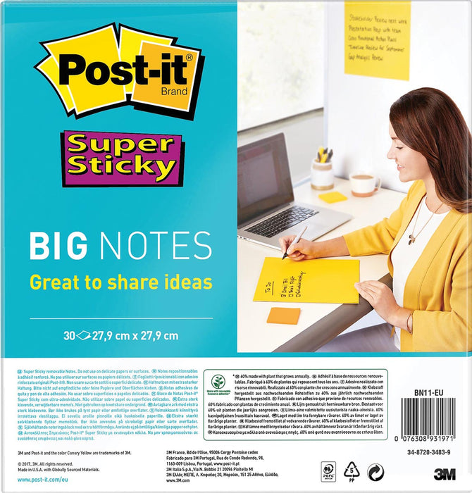 Post-it Super Sticky Grote Notities, 30 vellen, afmetingen 280 x 280 mm, geel