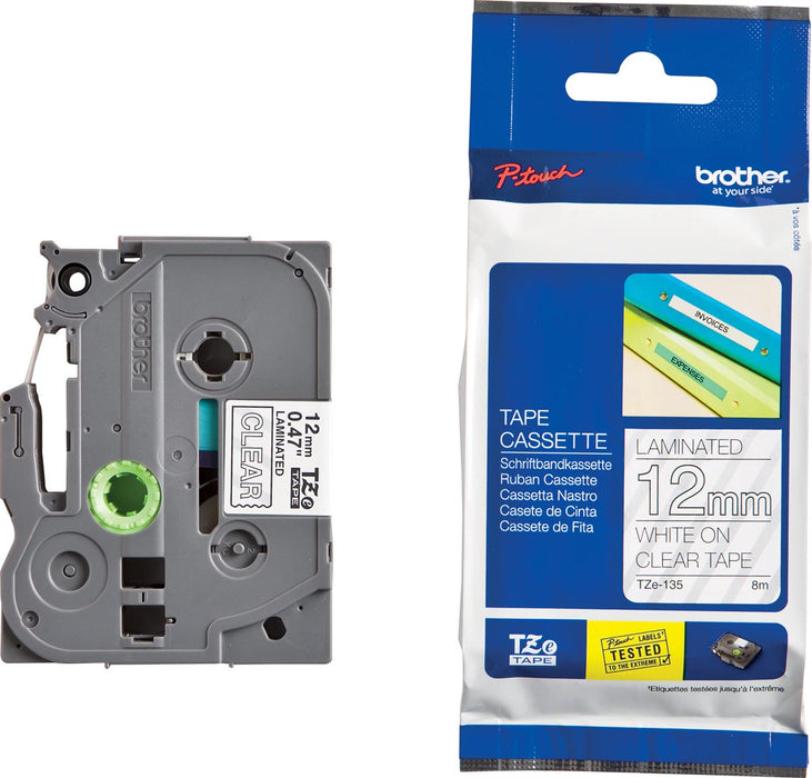 Brother TZe-tape voor P-Touch 12 mm, wit op transparant