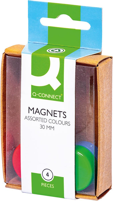 Q-CONNECT magneten in geassorteerde kleuren - Doos van 4 stuks met een diameter van 25 mm